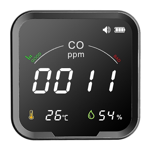 Karbonmonoksiddetektor Gassdetektor med temperatur- og fuktighetssensor, pipelyd og CO Visual