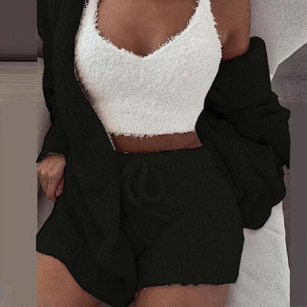 Dame 3-delt fleece fluffy frakke + shorts + kort vest sæt sort black XL