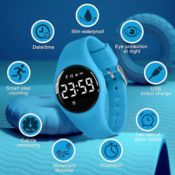 Børneure, Digitalt ur til drenge og piger, Sportsur med fitness tracker, vækkeur, stopur, ingen app og vandtæt, ur til børn i alderen 5-12 17-Blue