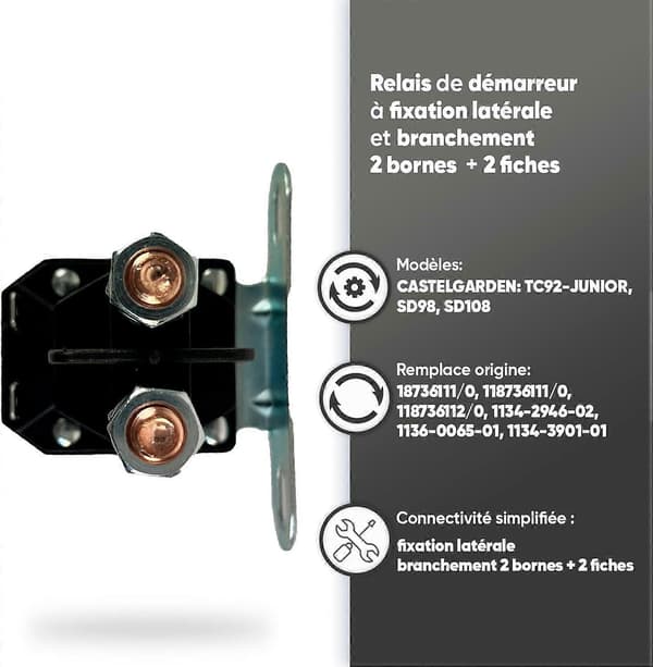 Starterrelé - Reservedel som passer Castelgarden & Stiga sitteklippere - Sidemontering & 2 terminaler + 2 pluggforbindelser