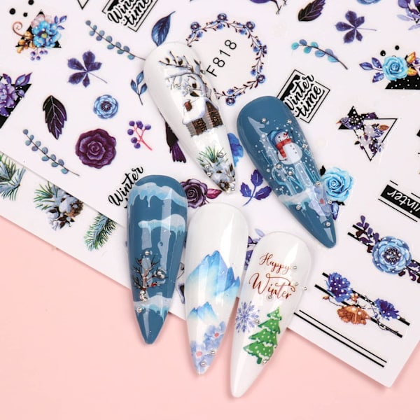 10 Ark Julnagelstickers Dekaler Självhäftande Semester Barn Söta Blå Vita Tall Nageldekorationstillbehör