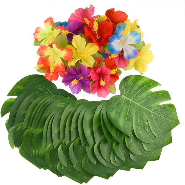 60 stk tropiske festdekorasjoner 8\" tropiske palmeblader og hibiskusblomster simuleringsblader for hawaiisk luau-fest