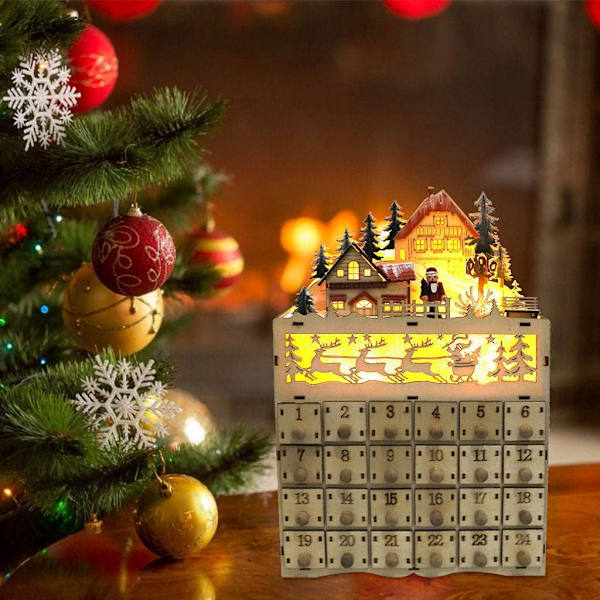 Trefadder i tre med LED-lys - Påfyllbar adventskalender med 24 skuffer, perfekt for julekalender - Vakker hjemmedekorasjon