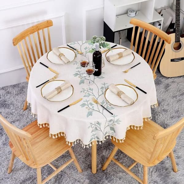 Rund dug - PZCC - 140 cm - Beige - Broderede grønne blade - Pletafvisende