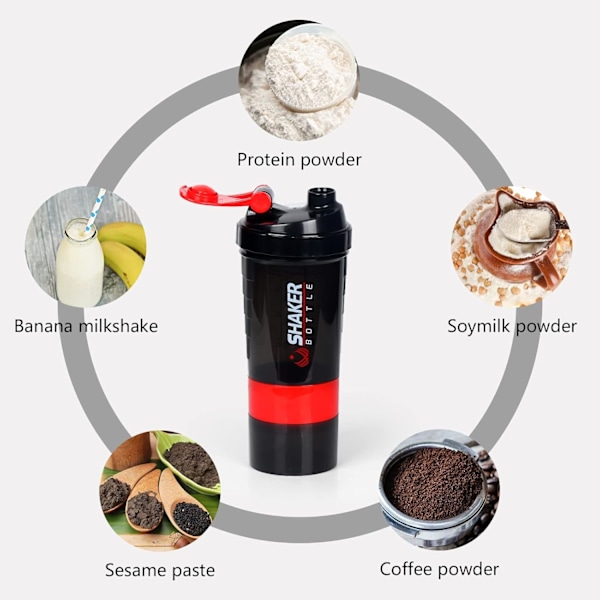 Proteinshakerflaske 16oz shakerflaske til proteinshakes, proteinshaker med oppbevaring og blandekule, 3-lags lekkasjesikker proteinbeholder red