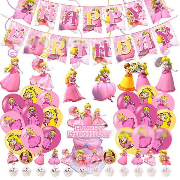 Super Mario Bros Princess Peach Theme Kids Girls Birthday Party Decorations Accessories Balloons Banner Swirls Cake Cupcake Toppers Set Kit