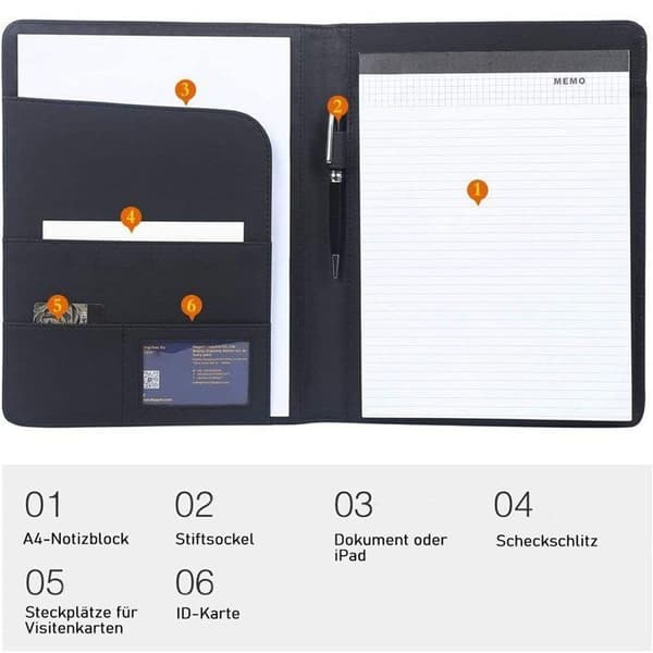A4 dokumentmappe i læder, dokumentorganizer med notesblok