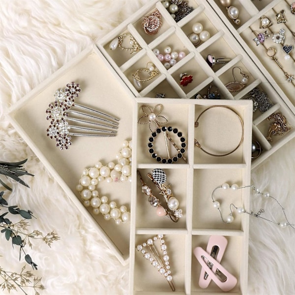 Set med 4 Smyckesbrickor, Smyckesförvaringslåda Organizer Displayhållare för Örhängen, Halsband, Armband Beige