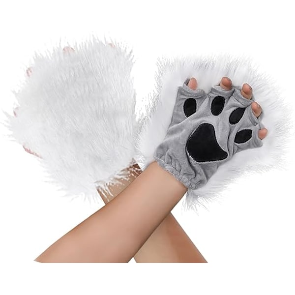 Fuzzy Faux Fur Poterkløer, Voksne Teenagere Halloween Kostume Bjørn Katteklo Handsker Vanter Varme Plys Halvfinger Handsker White