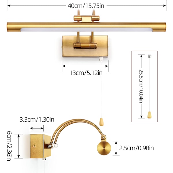 8W Vegglampe, Metall Speil Baderom LED-Lys med Svingbart Lampehode og Bryter for Soverom Innendørs Belysning, 3000K Nattbordslamper, Messing, 40CM