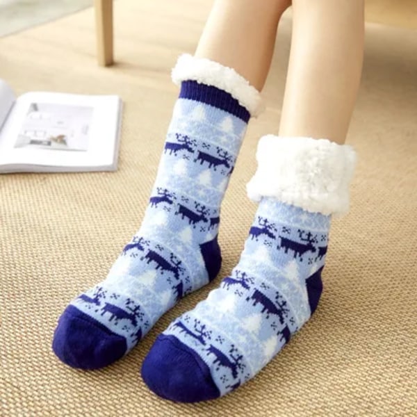 Vintervarme Sokker Damer Pingvin Plysj Myke Kvinne Ikke-Sklisikre Gulvtoffler Kort Sokk Fuzzy Fluffy Hjorteløve Bjørn Julegave Juleleir Blu Christmas deer Blue One Size