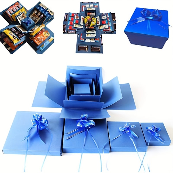 Överraskningspresentförpackning Deluxe - Pop-Up Party Favor-förpackning med lock och explosionseffekt för födelsedagar, bröllop, förlovningar och speciella tillfällen (FMY Blue (excluding snacks)