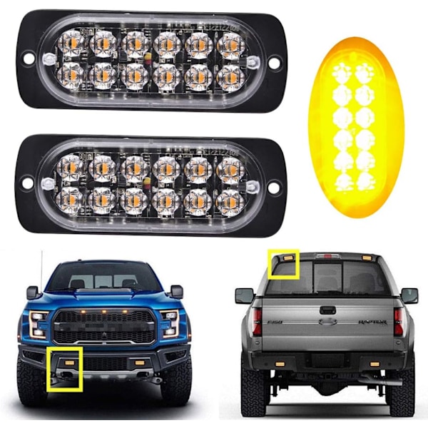 Super Lys Gul 12-LED 12-24V 36W Bil Lastbil Advarselslys Nød Bygning Vandtæt Blinkende Beacon Advarsels Strobe Kofanger Grill Baglygte Wor 12 LED Yellow