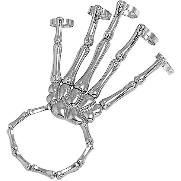 Punk Armbånd Skjelett Finger Metall Skjelett Hånd Armbånd med Ring Overdrevet Metall Dødningehode Fingerknoke Ledd Armbånd(Silver)