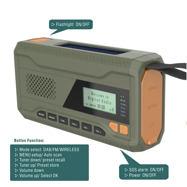 NOAA/DAB/FM Radio Nödradio Bärbar Solradiomottagare Handvev Dynamo Utomhus Bluetooth-högtalare med LED-ficklampa Red