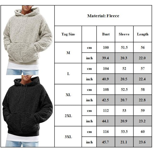 Huvtröja i tjock fleece för män, vintervarm, plysch, pälshuva, tröja, grå Grey XL