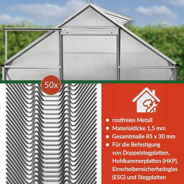 50 kpl Ruostumatonta terästä kasvihuoneen lasikiinnikkeet Polykarbonaattilevyjen kiinnityskiinnikkeet Kasvihuoneen kiinnityskiinnikkeet W