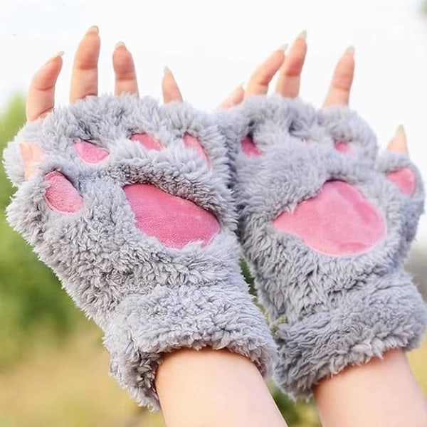 Søde Kattepote Fingerløse Vanter Cozy Faux Fur Plush Halvfinger Vanter Touch Screen Varme Vanter til Piger Kvinder Grey