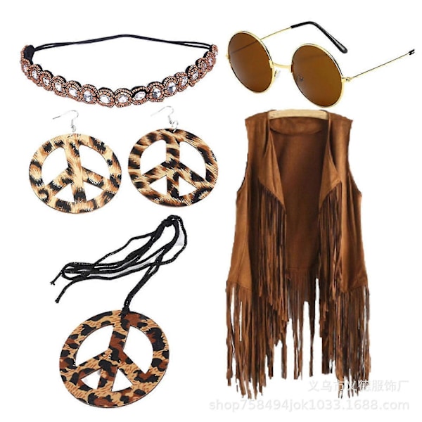 \"Hippies Fredshalsband I 60-tals Party Kostym Örhängen Huvudduk Leopardtryck Tillbehör Retro Hårband Glasögon-Yvan\" (FMY) A2 A2 L