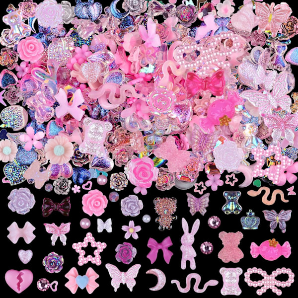 100 Stycken 3D Resin Fjäril Björnar Nagelberlocker Rosor Blommor Persika Klänning Rosett Hjort Orm Kanin Djurformade Strass P