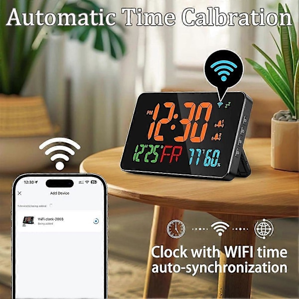 Digital Klokke Vekkerklokke WiFi Klokke, Ekstra Store Bokstaver, Temperatur & Luftfuktighet, Kalender, Uke, B