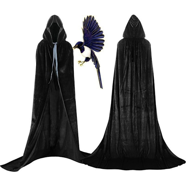 Guld Sammet Hel Längd Luva Med Huva Hängande Vampyr Kappa Vuxen Cape Cosplay Halloween Karneval Svart Black 1.3M