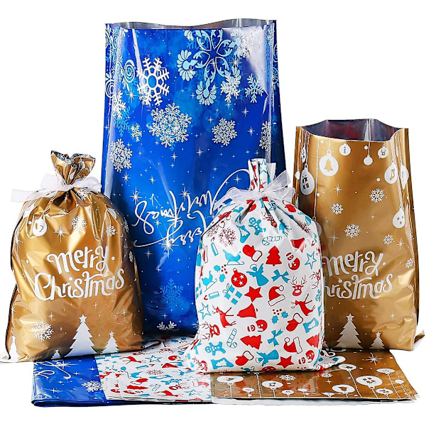 Holiday foil gift bags with ribbon closures. 15 gift wrapping bags Christmas sacks Mylar candy bags