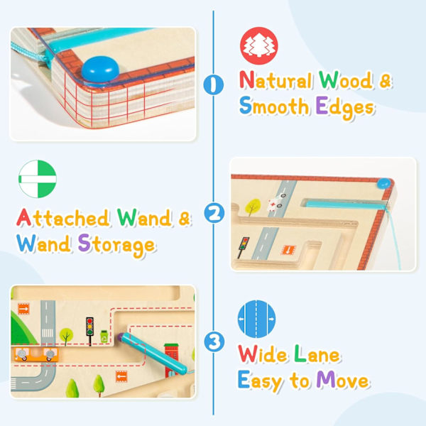 Montessori-leketøy for 3-6 år, Magnetisk labyrintspill for å lære farger og tall, Magnetisk bylabyrint, Treleketøy, Reisespill for barn Stad