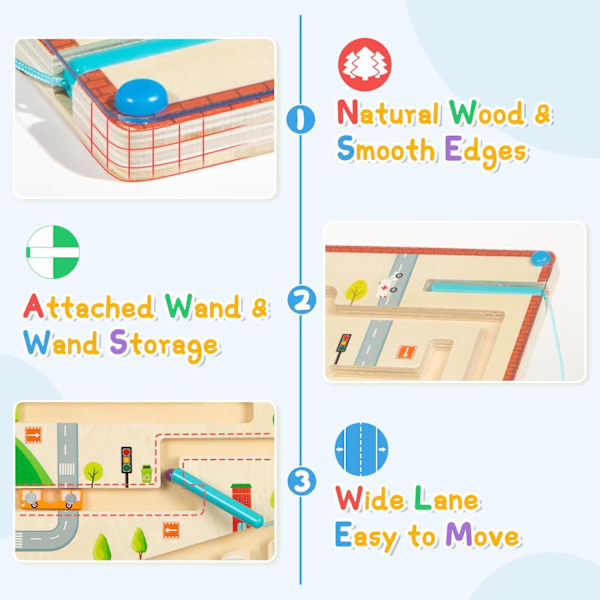 Montessori-lelu 3-6-vuotiaille, Magneettinen labyrinttipeli värien ja numeroiden oppimiseen, Magneettinen kaupunkilabyrintti, Puulelu, Matkapelit lapsille Stad
