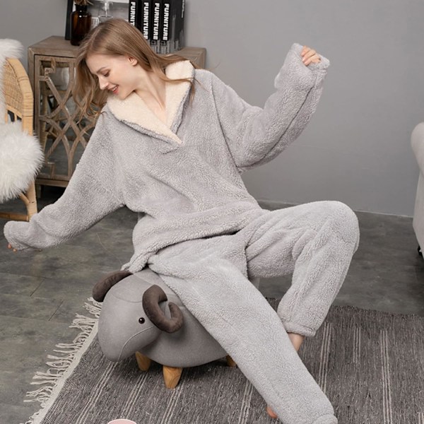 HAUFR Kosebukser i Fleece for Kvinner - Myk og Lun Pyjamas med Hettegenser - Vinterkomfort - Grå Grey Large