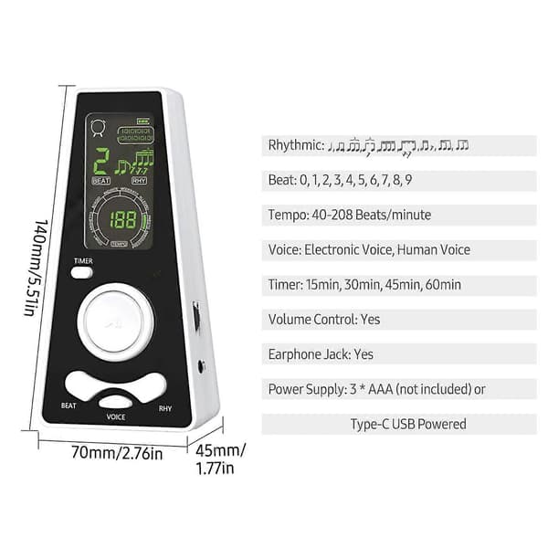 Elektronisk digital metronom med timer Universal elektronisk metronom med volym- och takthastighetskontroll, batteri- eller USB-kabeldriven, för gitarr P Solid Normal