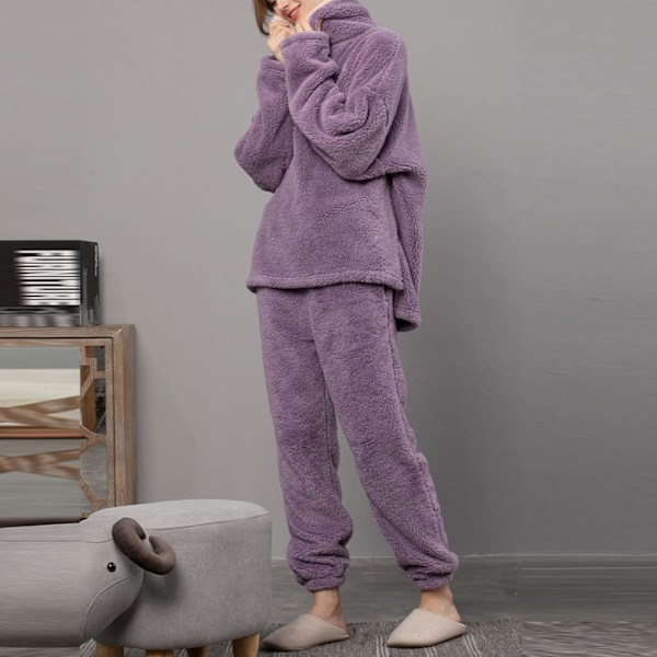 HAUFR Dam Pyjamas Set med Långärmad Tröja och Byxor, Fluffig Vintervarm Casual Fuzzy Plush Loungewear Sleepwear Lila Purple X-Large