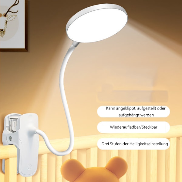Klemme Lampe, Batteridrevet Læselampe, Sengelampe med Klemme, Batterilampe med 3 Lysstyrkeniveauer, USB Genopladelig