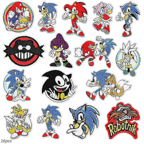 Sonic Tema Broderade Lappar - Sy på/Stryk på Lappar - Dekorativa Applikationer för Kläder, Hattar, DIY Tillbehör - 16 st