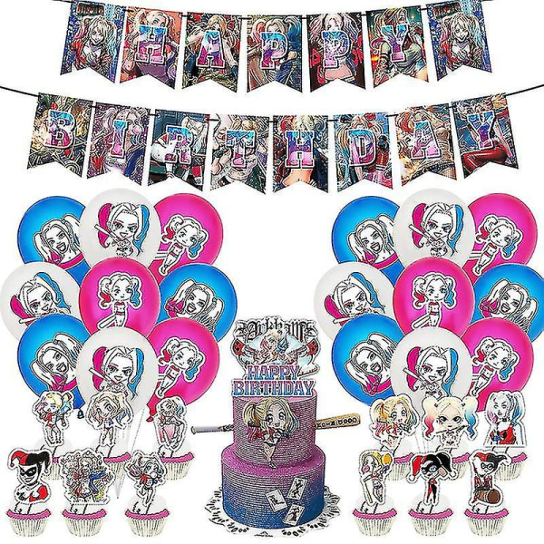 Harley Quinn Themed Happy Birthday Party Balloon Set Decors Supplies Banner Pull Flag Cake Toppers Kits