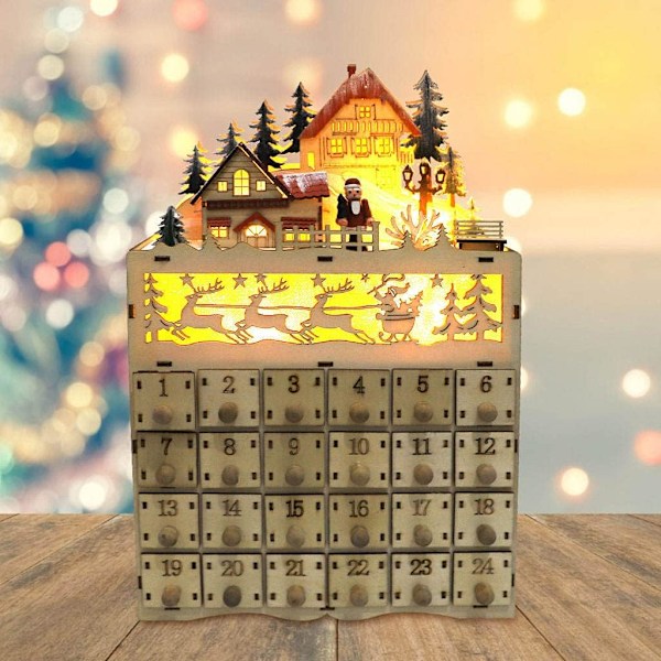 Trefadder i tre med LED-lys - Påfyllbar adventskalender med 24 skuffer, perfekt for julekalender - Vakker hjemmedekorasjon