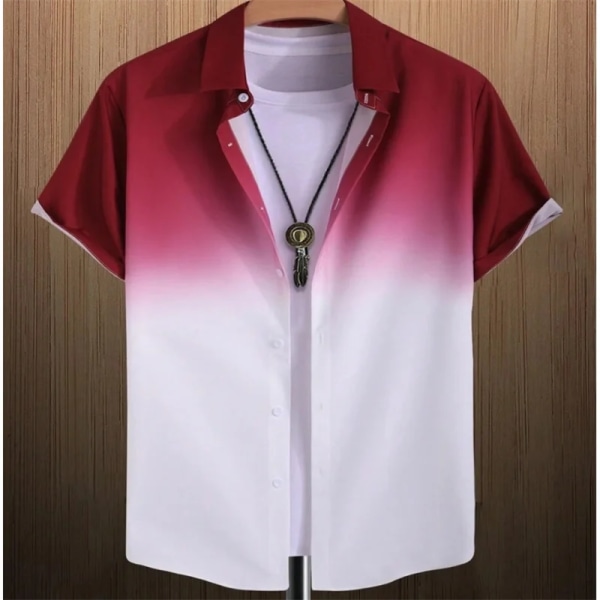 2023 Gränsöverskridande hawaiiansk kortärmad skjorta för män Gradient Color Fick Enkelknäppt Beach Casual Shirt Red L