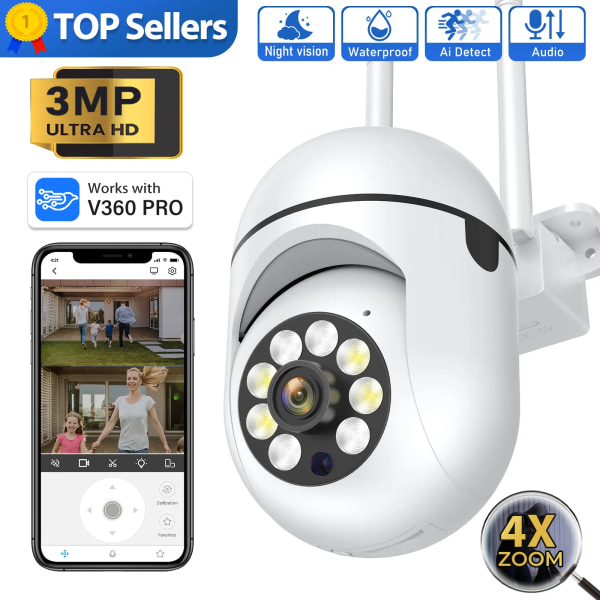 3MP Utomhus Wifi-kamera Övervakning Night Vision Fullfärg Ai Människospårning 4X digital zoom Videosäkerhetsövervakningskameror EU Plug 2MP-NO SD Card