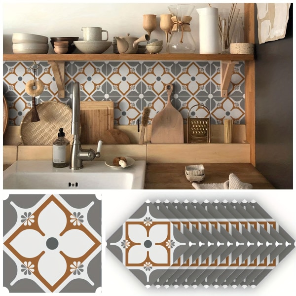 12 st/ set Blommönster förtjockade keramiska plattor Pvc-dekaler, franska retro keramiska plattor PVC-väggklistermärken Självhäftande dekorativa klistermärken