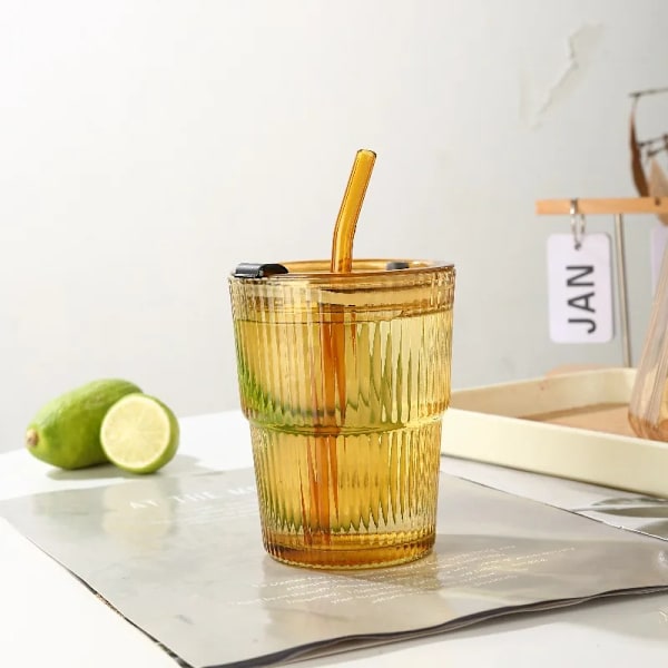 Gennemsigtige Glas med Låg og Strå Iskaffe Kop Te Kop Juice Glas Mælk Vand Kop Drikkevarer 450ml Stribet Glas Kop yellow cup lid straw