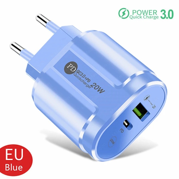 2 Portar Usb-Laddare Snabbladdning 3.0 Pd 20W Typ C Telefonladdare Snabb Laddningsadapter För 13 12Pro Huawei Xia Samsung Blue EU