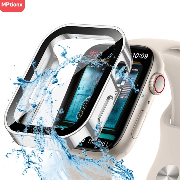 Glas+vattentätt case för Apple Watch 7 8 9 45mm 41mm Skärmskydd Hård PC Bumper för iWatch Series 6 5 4 SE 40mm 44mm Cover Black Series 7 8 9 45mm