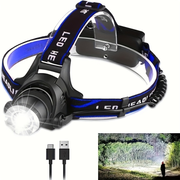 1 st USB uppladdningsbar LED-strålkastare, superljus strålkastare med 3 lägen, zoombar, vattentät pannlampa för campingjakt (batteri ingår ej) Blue Black