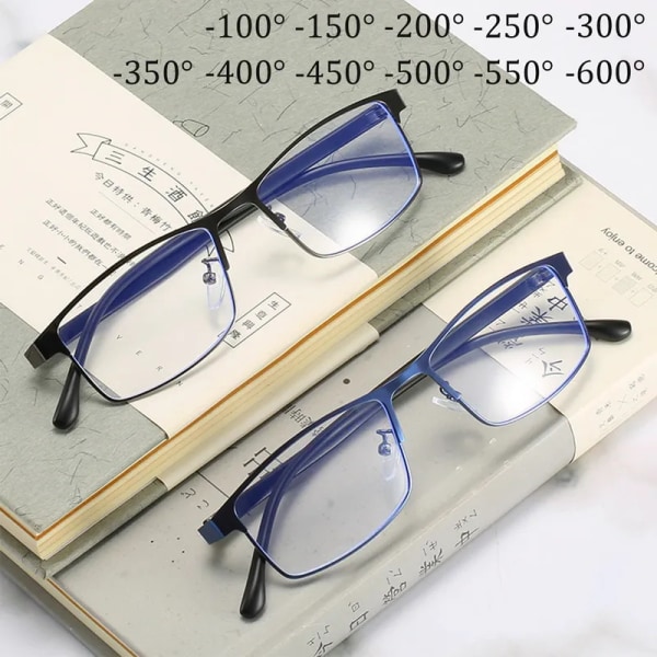Anti-Blue Light Myopi Glasögon Färdiga Affärer Män Kvinnor Metall Fyrkantiga glasögon Dioptri 0 -0,5 -1,0 -1,5 Till -6,0 1