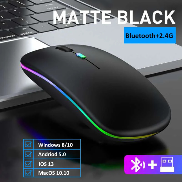 Trådlös mus Bluetooth-kompatibel / 2.4G Två anslutningslägen Uppladdningsbar RGB-mus Gamer Tysta möss för bärbar dator Two Modes Black