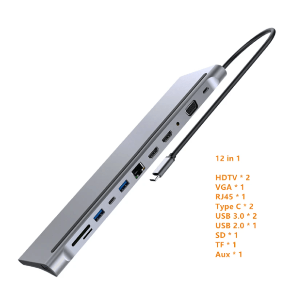 Rankman-airies USB C versus RJ45, Typ C, 4K, kompatibel HDMI, VGA, SD, TF, USB 3.0, 2.0, PD S6, Station för MacPle, iPad, Samsung S21, Dex, HDTV grey 12 in 1