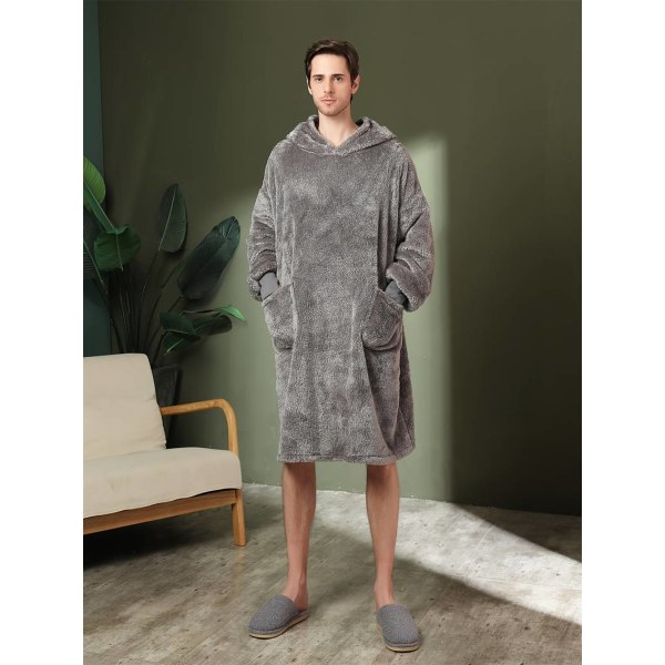 Men's Trendy Pajamas Hooded Warm Flannel Robe With Pocket, Solid One-piece Hoodie Pajamas