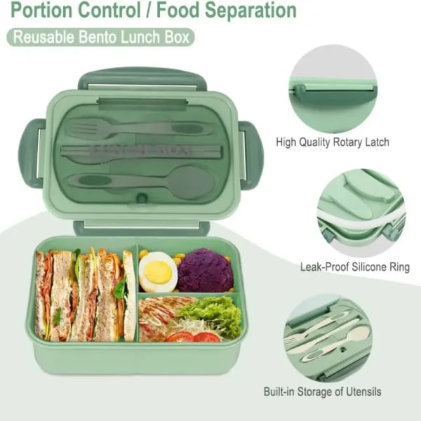 Lunchlåda med porslin för kontorsarbetare Fyrkantig delad mikrovågsugn Bento-låda Läcksäker matbehållare för picknickcamping Green 3