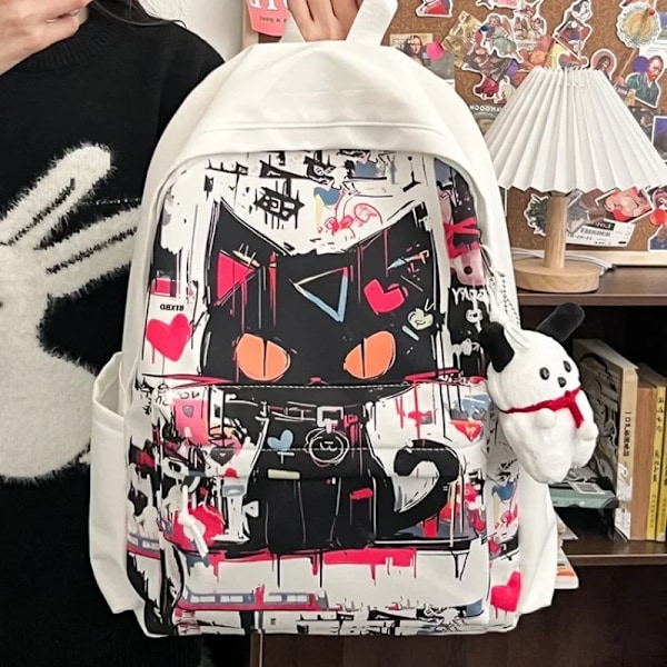 Niche Graffiti Comic Bookbag Junior High School Ryggsäck Väskor För Tonåringar Mode Vattentät Bag College Katt Bokväcka White Rabbit