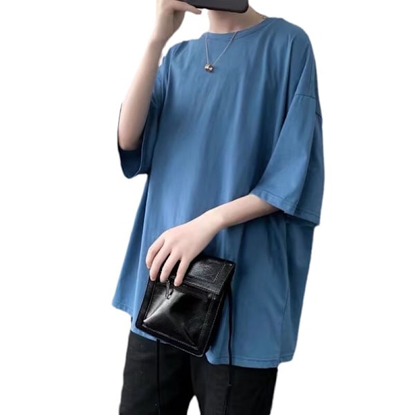 Sommar Nya Vita Femkvarter Ärm Män Och Kvinnor Med Samma Lösa Ungdom Stora Storlek Rund Hals Par T- Shirt Övrev Denim Blue 4L